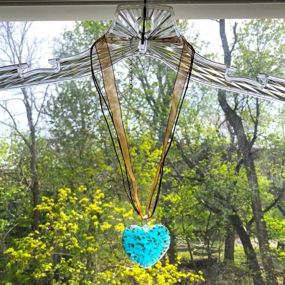 Glass Heart Pendant Necklace with Blue and Copper Accents